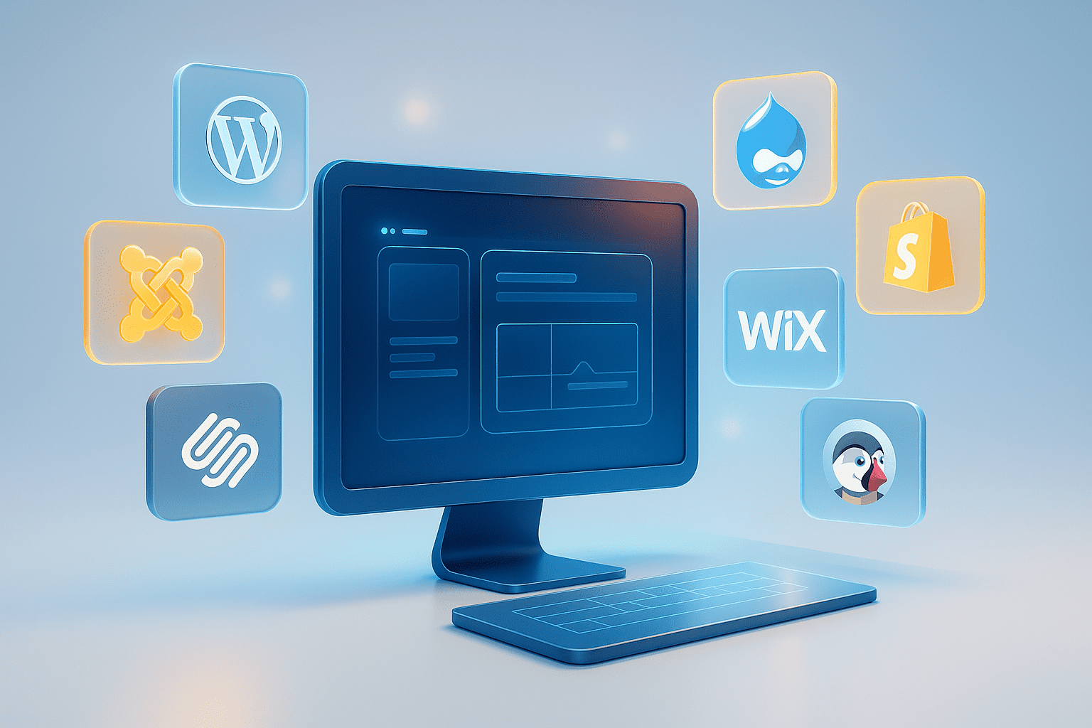 Choix de CMS en 2024 : écran stylisé avec UI et icônes holographiques de WordPress, Joomla, Drupal, Shopify, Wix, Squarespace, PrestaShop.
