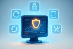 Illustration 3D futuriste de la maintenance de site web : écran avec bouclier de sécurité lumineux entouré d’icônes holographiques de mises à jour, sauvegardes et outils techniques.