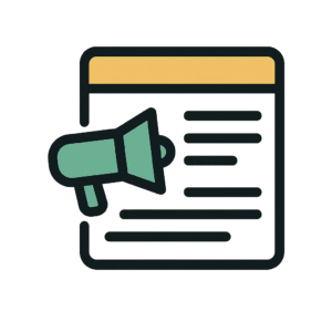 Icône d’une page web avec un mégaphone vert, représentant la diffusion d’actualités et d’annonces.