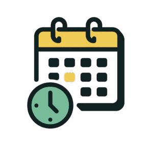 Icône d’un calendrier avec une horloge verte, symbolisant l’agenda des événements d’un site internet.