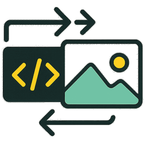Icône représentant du code et une image avec flèches bidirectionnelles, illustrant un code et des images allégés pour plus de rapidité et un impact carbone réduit.