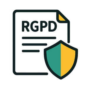 Icône vectorielle d’une page marquée RGPD avec lignes de texte et un bouclier bicolore jaune et vert, représentant la conformité au règlement européen sur la protection des données.