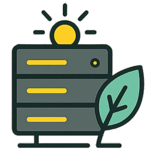 Icône de serveur avec feuille verte et symbole d’énergie, représentant un hébergement web écoresponsable alimenté en électricité renouvelable.