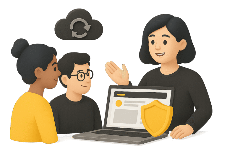 Illustration 3D représentant une femme entourée de membres d’une collectivité devant un ordinateur portable protégé par un bouclier jaune, symbole de sécurité et de sauvegardes quotidiennes