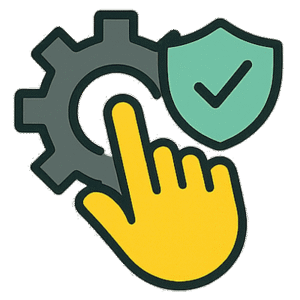 Icône d’engrenage avec bouclier et coche, associée à une main, symbolisant la maintenance préventive et la fiabilité du site.