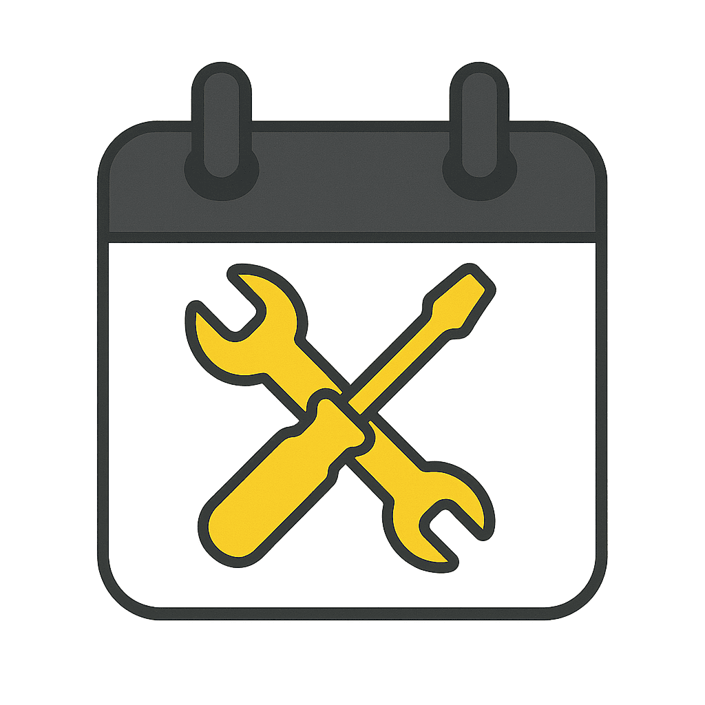Icône 3D mises à jour régulières : calendrier gris avec outils croisés jaunes, symbole de maintenance et mises à jour.