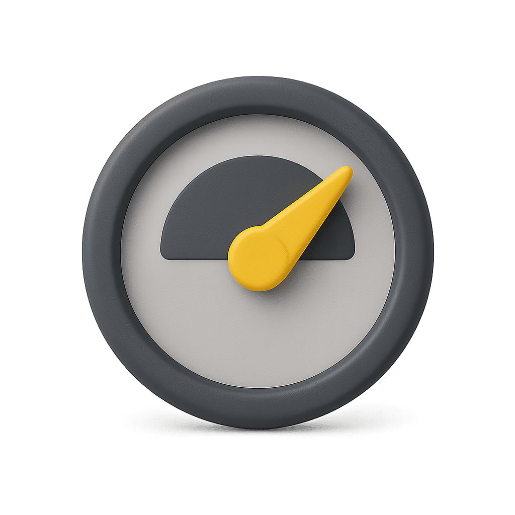 Icône 3D compteur gris avec aiguille jaune, symbole de performance optimisée et rapidité d’affichage
