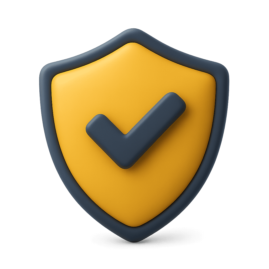 Icône 3D bouclier jaune avec coche noire, symbole de sécurité renforcée pour site internet