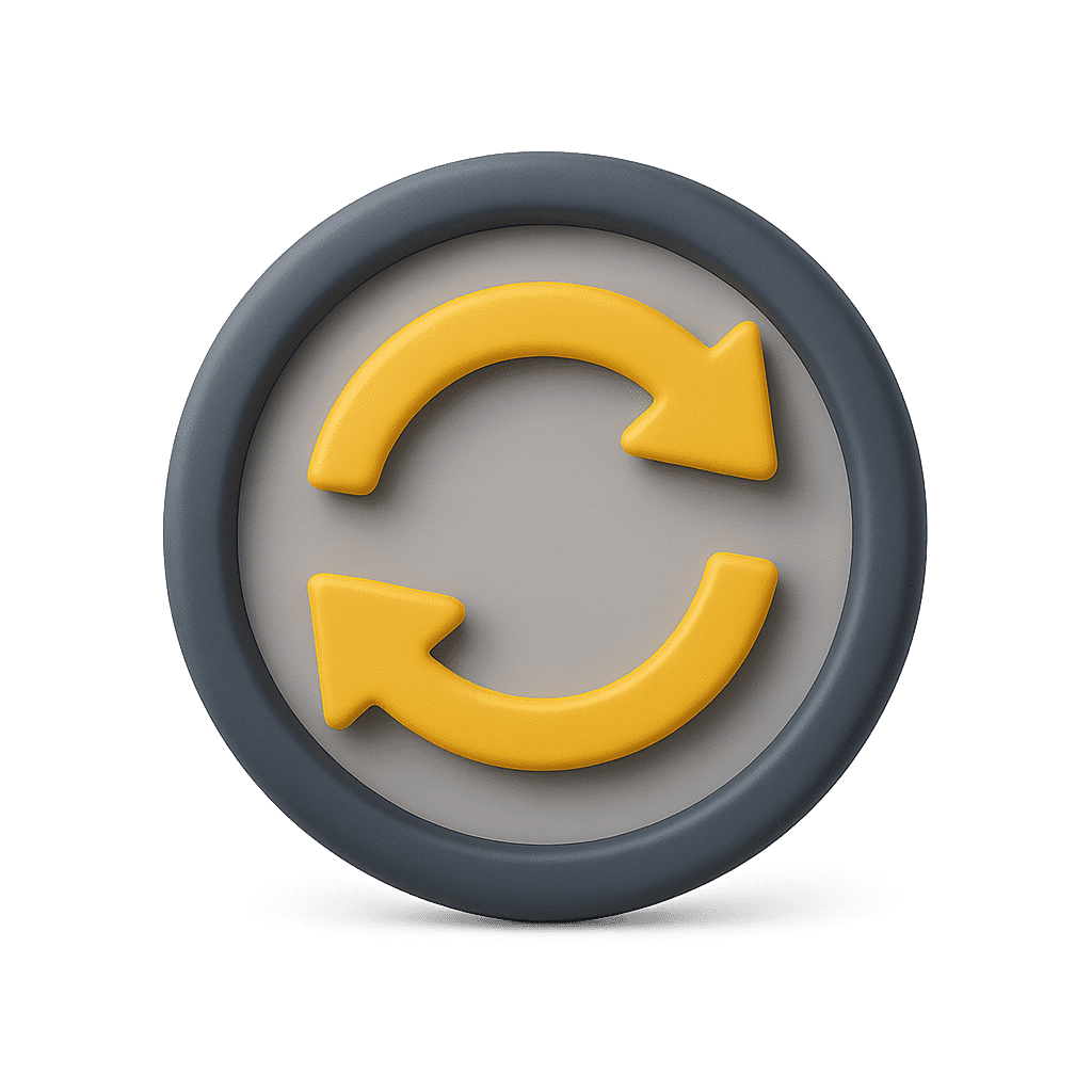 Icône 3D cercle gris avec flèches jaunes en rotation, symbole de stabilité et mises à jour régulières