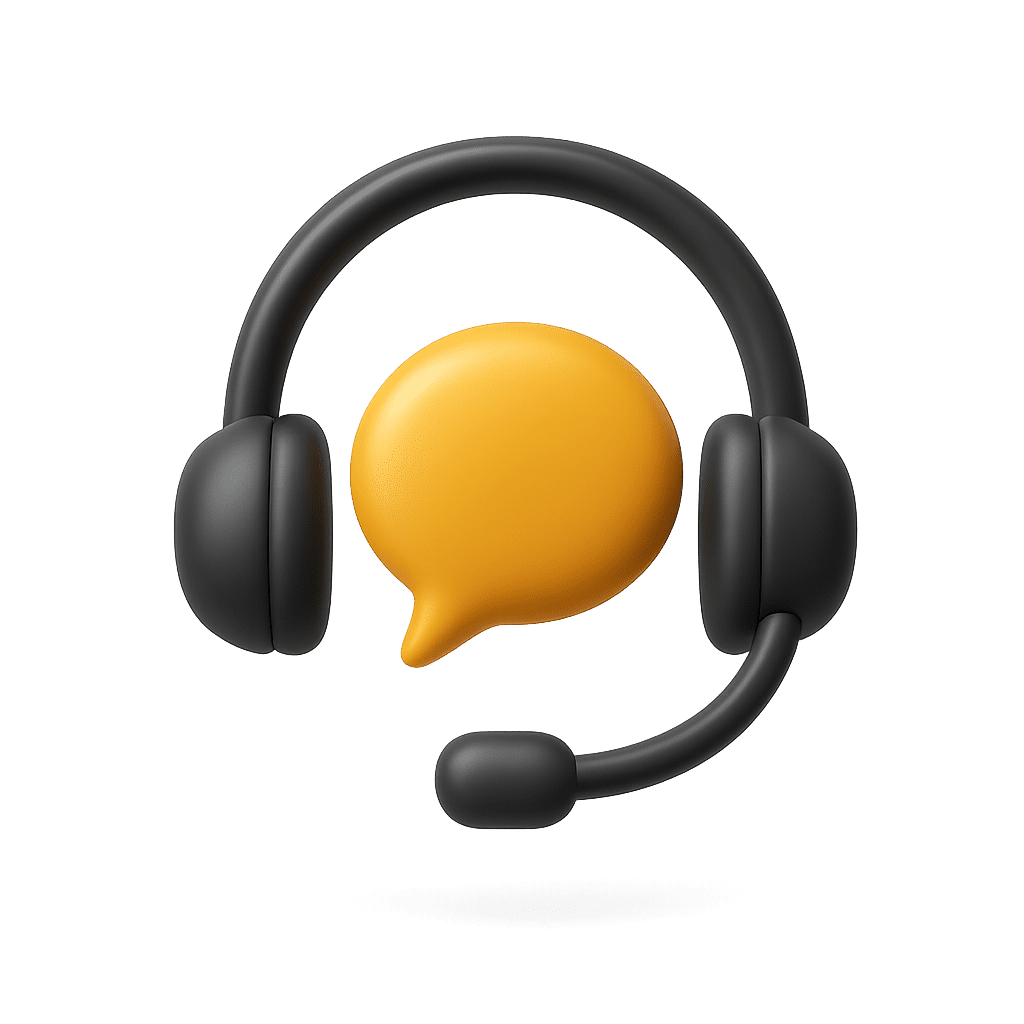 Icône 3D support réactif : casque micro gris avec bulle de dialogue ambrée, symbole d’assistance rapide.