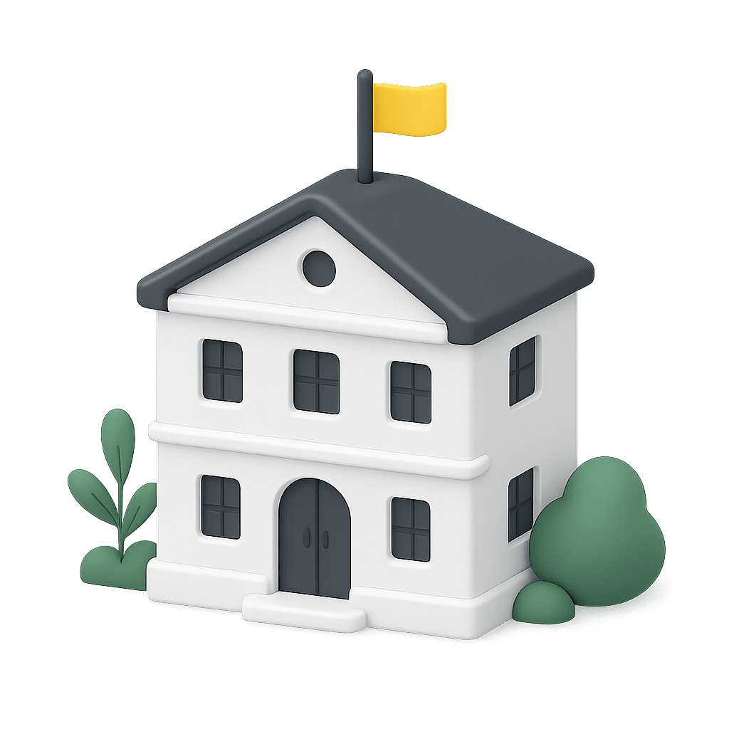 Illustration 3D moderne d’un bâtiment de mairie blanc avec toit gris anthracite, drapeau jaune et végétation stylisée.